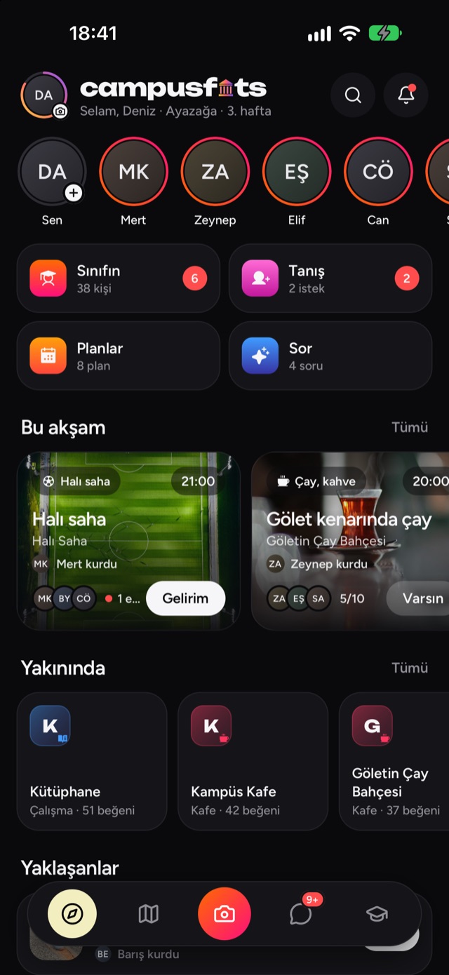 CampusFits ana ekranı: sınıfın, planlar, Tanış ve yakındaki mekânlar